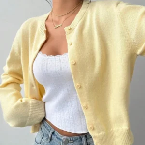 Women's Yellow Cardigan Sweater, Cropped Short Pullover Top with Long Sleeves, Round Neck Basic Knitwear 2025