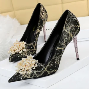 BIGTREE Shoes Pearl Flowers Woman Pumps Rhinestone High Heels 2025 New Luxurious Women Heels Stiletto Large Size Ladies Pumps