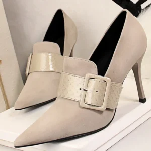 BIGTREE Shoes Serpentine Woman Pumps Belt Buckle High Heels Suede Women Shoes Sexy Heels Ladies Shoes Women Heel 9.5 Cm Footwear