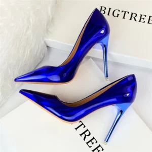 2025 Women 10.5cm High Heels Blue Green Valentine Pumps Luxury Glossy Stripper Stiletto Wedding Bridal Fetish Shoes Plus Size 43