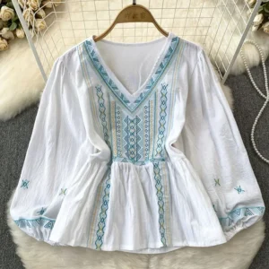 Women Spring Autumn Blouse Embroidery Vintage Lantern Long Sleeve V-Neck Ruffled Pullover Cotton Hemp Shirt Short Top D5080