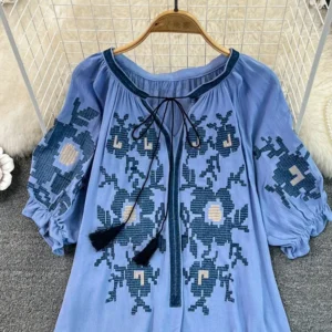 Women Summer T-Shirts Vintage Ethnic Style Style V-Neck Lace Up Loose Embroidered Cotton Linen Shirt Casual Top D3547