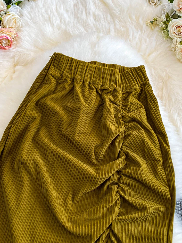 Women Midi Skirt High-end Feeling Corduroy Pleated High Waist Slim Fish Tail Mermaid Mid Length Skirt A-line Faldas Female SK068 - Image 3