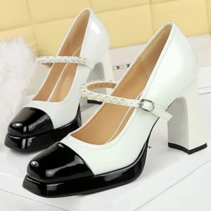 BIGTREE Shoes Mixed Color Women Pumps Thick Heel Ladies shoes Pearl Design Platform Pumps Square head High Heels party shoes