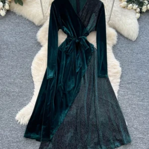 Women Autumn Dress French Style Embroidered Flares V-Neck Lace Patchwork bandage belt Female mid-length Vestidos DS230