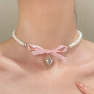 French Romantic Pink Bowknot Heart Pendant Pearl Necklace Jewelry 2025 Trending New Women's Sweet Pure Desire Bow Necklaces