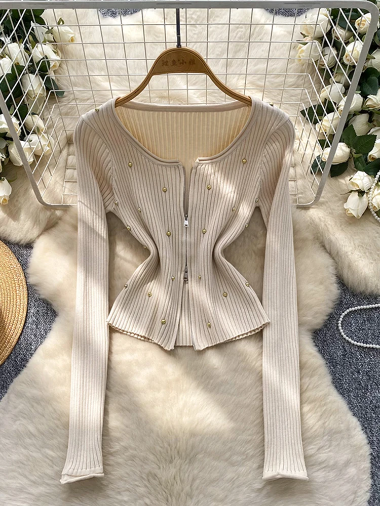 Solid Color Simple Long Sleeved Knitted Sweater Women Autumn with Diamond Inlaid Zipper Slim Fit Cardigan Sweater Top C348