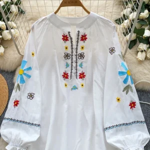 Bohemian Vintage Blouse Heavy Embroidery Round Neck Lantern Sleeve Shirt Women 2025 Autumn Loose Casual Top Female BL223