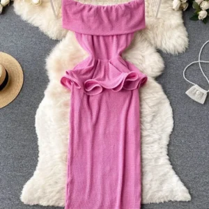 Summer Women Sexy One-word Neck Off-shoulder Dress Slim Tiered Mid-length Ruffled Waist Slim Birthday Temperament Dress D1341