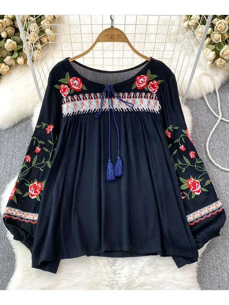 Women Spring Autumn Blouse Bohemian Vintage Lantern Long Sleeve Round Neck Embroidered Loose Pullover Shirt Casual Top D5081 - Image 5