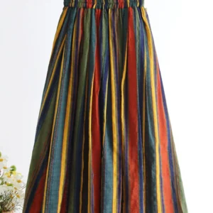 Women's Spring Skirt Korean Version 2024 New Casual Long Thin Vacation Style Pure Cotton A-line Striped Cotton Linen Skirt SK018
