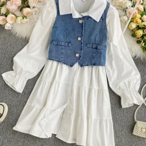 Women's Spring Autumn Suit Hong Kong Style Denim Vest + Long Sleeve Shirt Short Dresses Female Two-piece Sets QX855