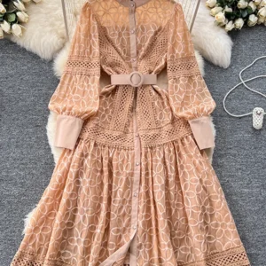 New England Style Retro Court Lantern Sleeve Cinched Waist Single Breasted Dress Women's Long Sleeved Elegant Long Dress S127