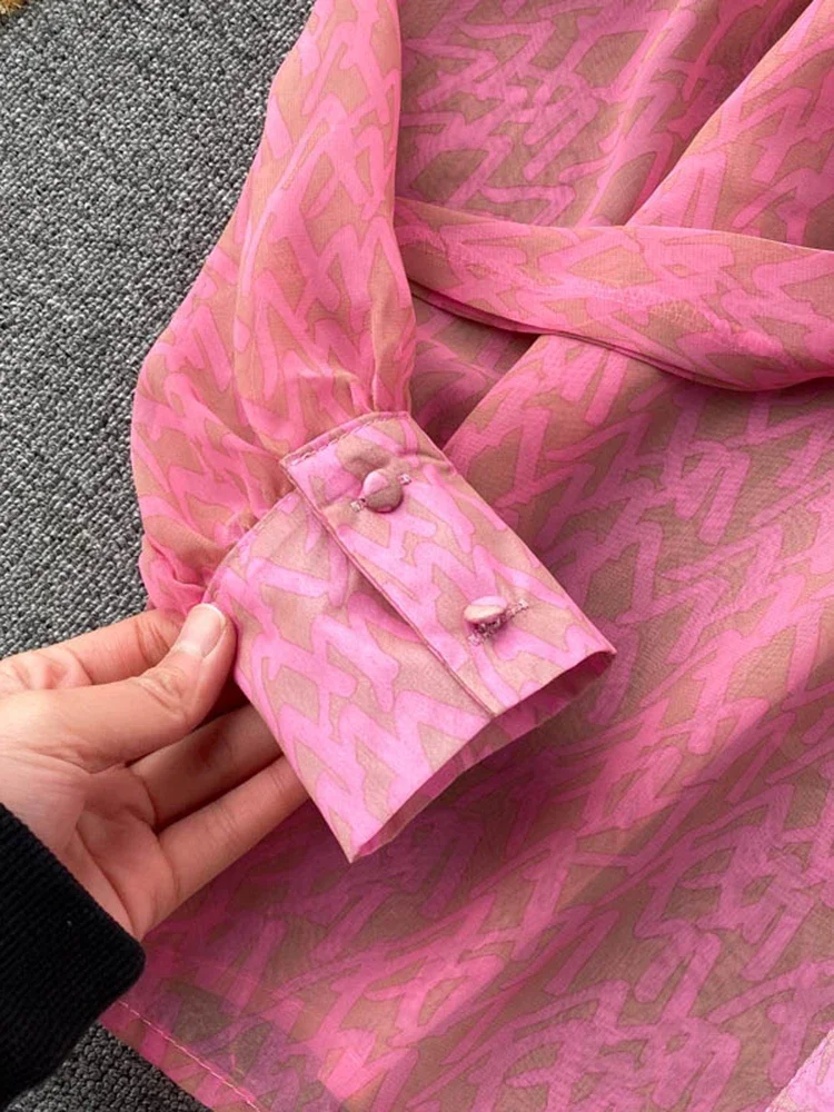 Women's Spring New Blouse Sweet Pure V-neck Bow Puff Sleeve Fashion Printing Loose Versatile Chiffon Shirt D0139 - Image 6