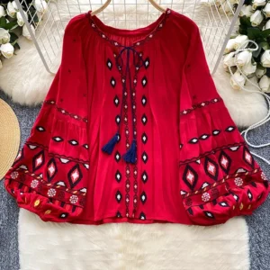 Women's Retro Blouse National Style Embroidered Lace-Up Tassel V-Neck Lantern Sleeve Tops Loose All-Match Blusa A159