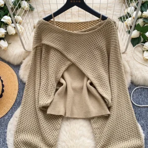 Women's Shirt Two PiecesKnitted Two-piece Set with Base Camisole Vest and Loose Long Sleeved Cover Shirt Female Top TP034