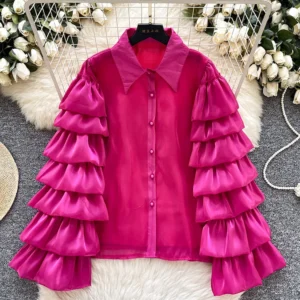 Women Spring Shirt Korean Version French High-end Layered Ruffled Long Sleeved Shirt Versatile Flowing Satin Top BL072