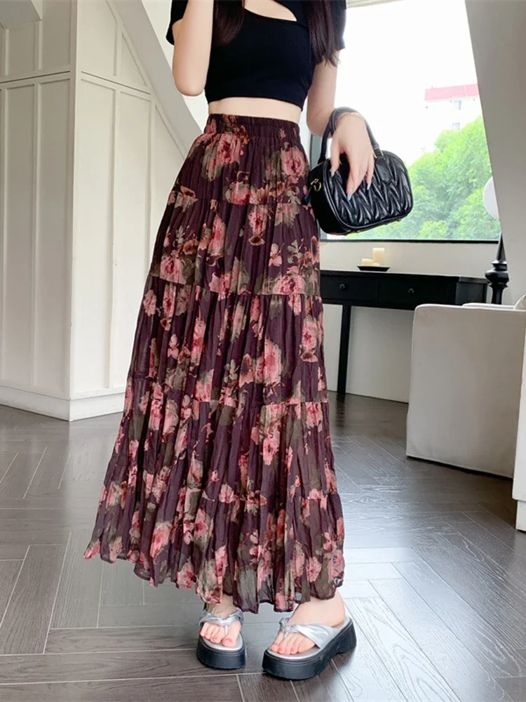 New Bohemian Vacation Pleated Floral Midi Skirt with Women's Temperament Printed High Waisted A-line Long Skirt A272 - Image 5