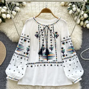 Women's Spring Autumn Blouse Round Neck Lace Up Long Sleeved Shirt Embroidered Loose Slimming Casual Pullover Top Trendy BL038