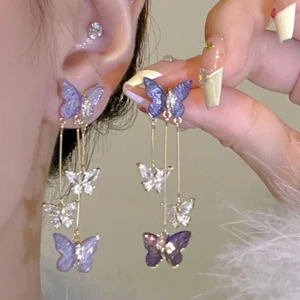 925 Silver Needle Purple Butterfly Long Tassel Earrings For Women Jewelry 2025 Trending Korean Fashion Luxury Crystal Earrings