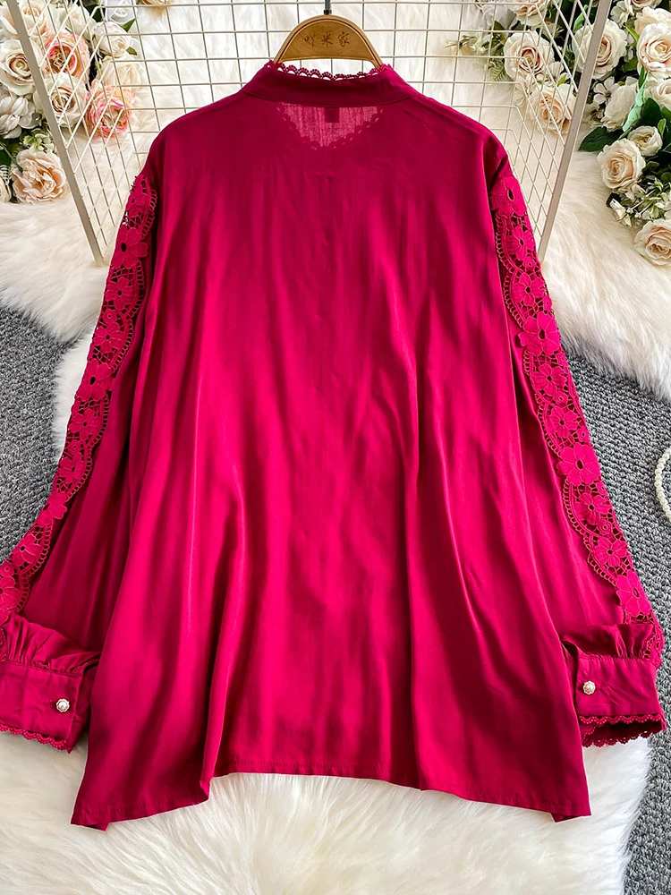 Women's Autumn Shirt Court Style Retro Lace Patchwork Stand Collar Lantern Sleeve Shirt Gentle Blue Top Female BL225 - Image 2