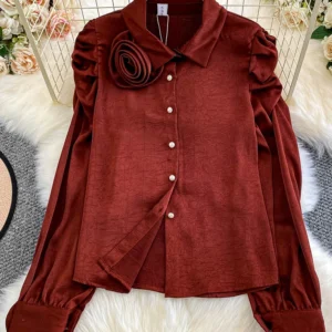 Women's Autumn French High-end Satin Bubble Sleeve Shirt with Light Luxury Single Breasted Design and Floral Top Female BL228