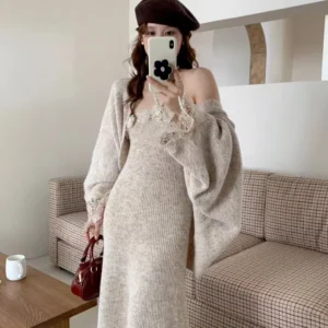 Women's 2 Pieces Sets knitting Beading Cardigans Dress Suit Short Knitted Top Strap Dress Two Piece Set Female TP028