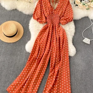 Summer Women's One Piece Jumpsuit Korean Retro V-neck Polka Dot Puff Sleeve Jumpsuit New Belt Wide-leg Jumpsuit LH543