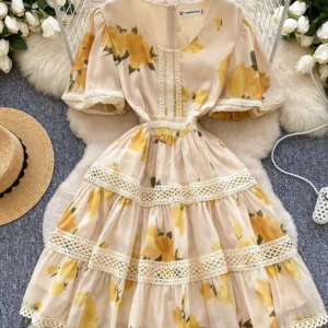 French Printed Bubble Sleeve Mini Dress for Women's Summer Short Sleeved Mesh Hollow Elegant Short Dress S71