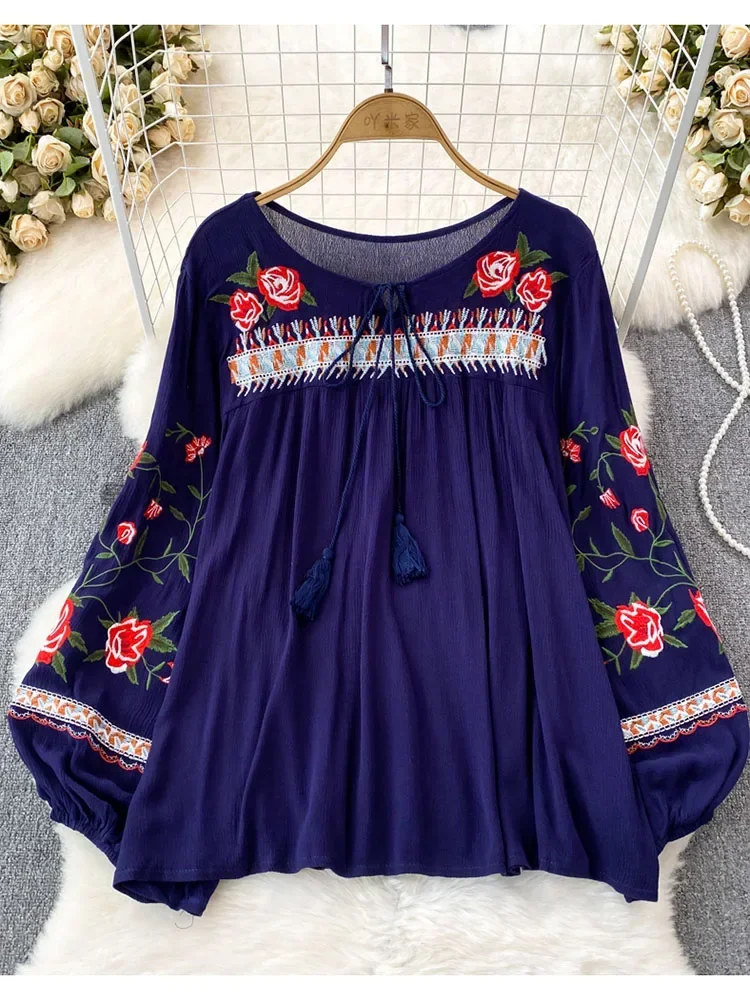 Women Spring Autumn Blouse Bohemian Vintage Lantern Long Sleeve Round Neck Embroidered Loose Pullover Shirt Casual Top D5081 - Image 6