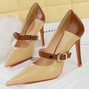 Retro Women Pumps Mixed Colors High Heels Stilettos Pu Leather Shoes Women Metal Buckle Women Heels Office Shoes Large Size 43
