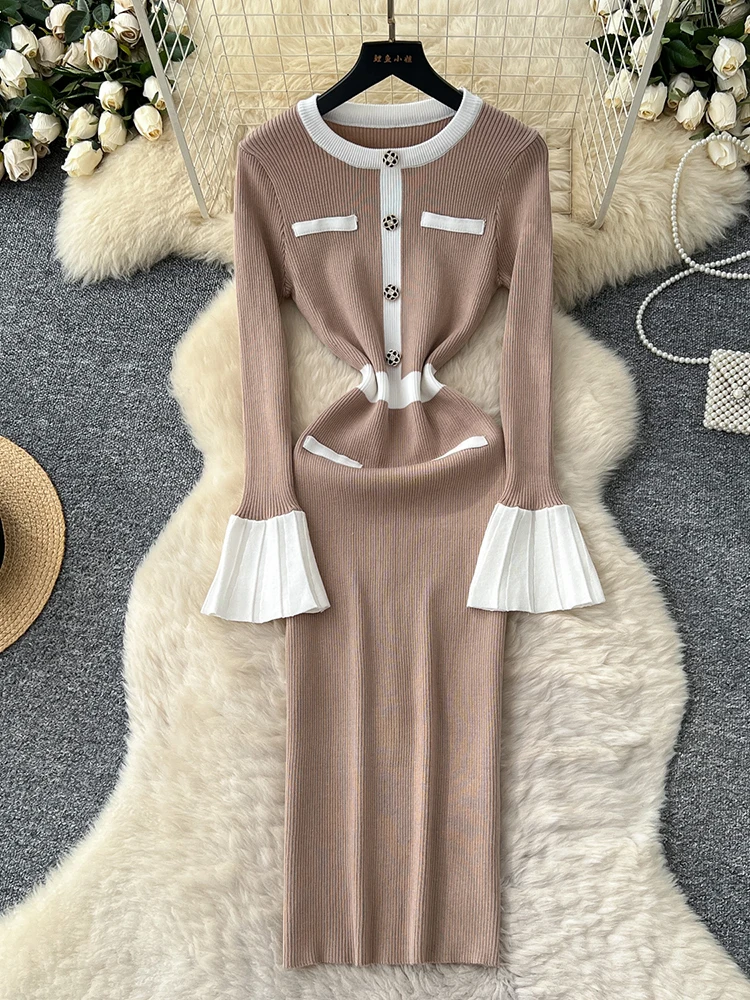 Women French Dress Knitted Autumn Winter O-neck Long-sleeved Button Elastic Simple Design Mid-length Female Vestidos DS211
