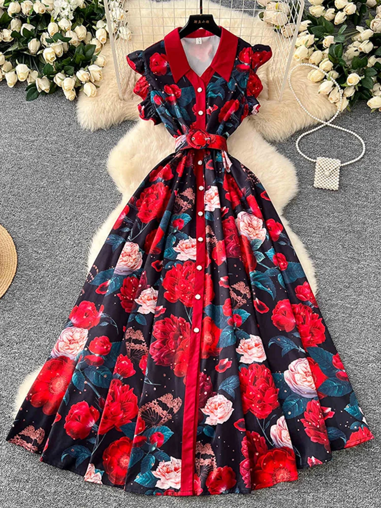 New Fashion Printed Lotus Leaf Sleeves Lapel Single Breasted Waist Cinching Big Swing Dress Elegant Feminine Long Dress A297 - Image 6