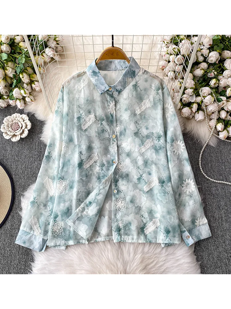 Women's Spring Shirt Feather Embroidered Printed Long Sleeve Sunscreen Shirt Casual Thin Chiffon Loose Slimming Top BL205