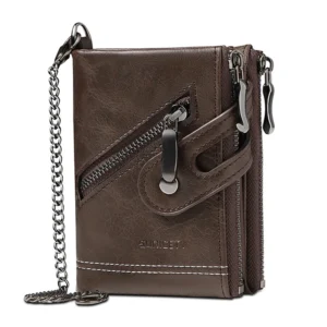 Retro Style Wallet Men Metal Chain Anti Theft PU Leather Bifold Zipper Wallet Credit Card Storage Bag Business Card Holder S3021