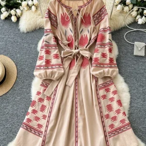 Bohemian Retro Ethnic Style Dress Women's Spring Autumn Embroidered Lace Up Lantern Sleeves Waist Cinching Long Dress A153