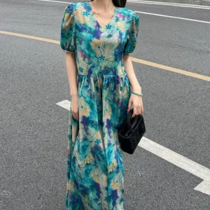 Women Summer Dress 2025 New Korean Version Fashion Sweet Casual Color Vacation Style Tourism V-neck Retro Long Vestidos DS080