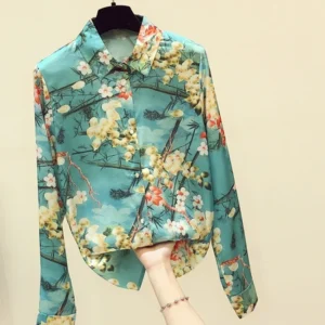 Fall New Fashion Floral Blouse Female Lapel Is Thin Temperament Long-sleeved Blusa High-end Shirt Tops KK1481
