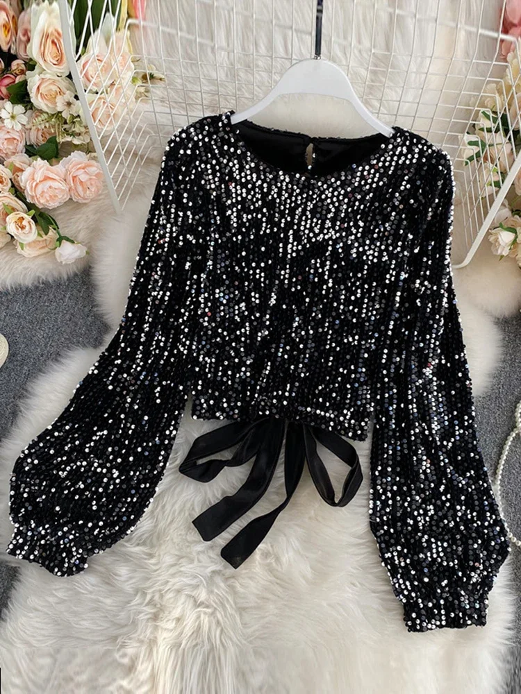litmage Women Spring Blouse New Sequins O-Neck T Shirts Long-sleeved Open Back Lace-up Bow Short Tops Female Blusa Tee GX1082