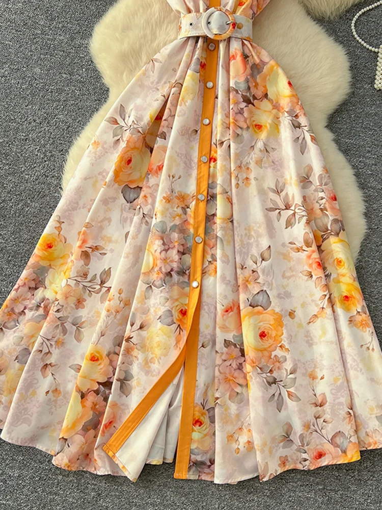 New Fashion Printed Lotus Leaf Sleeves Lapel Single Breasted Waist Cinching Big Swing Dress Elegant Feminine Long Dress A297 - Image 3