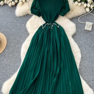 French Studded Pearl Studded Round Neck Short Sleeved Dress for Women in Summer Elegant Waist Cinching Pleated Long Dress S76