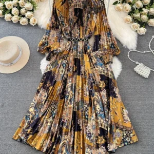 Women's Spring Autumn Dress Light Mature Style Retro Ruffled long Sleeves Round Neck Waist Shrinking Print A-line Dress A90