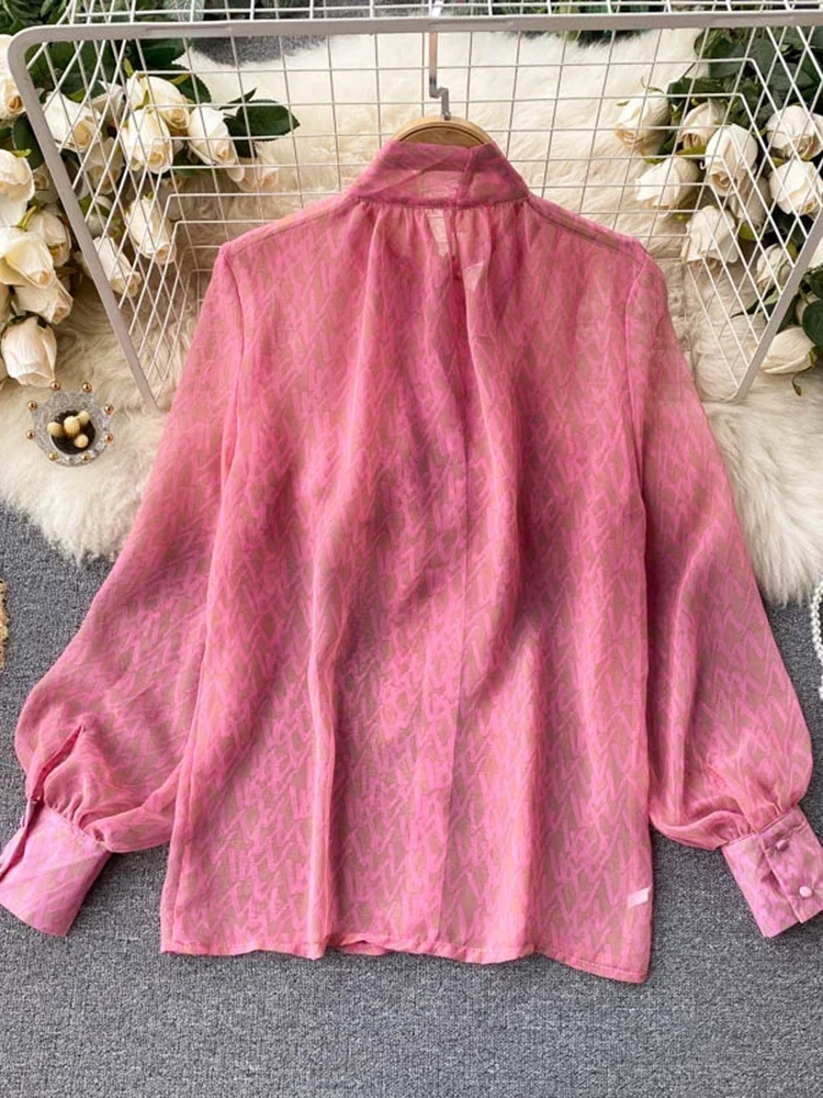 Women's Spring New Blouse Sweet Pure V-neck Bow Puff Sleeve Fashion Printing Loose Versatile Chiffon Shirt D0139 - Image 2
