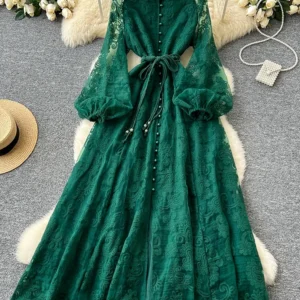 Spring Autumn European American Stand Up Collar Single Breasted Lace Dress Women Elegant Embroidery Large Swing Long Dress C205