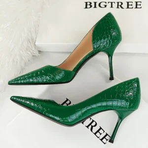 BIGTREE Shoes Women 8 cm Heels Patent leather snake pattern Women Pumps Pointed side hollow out Stilettos High Heels party shoes