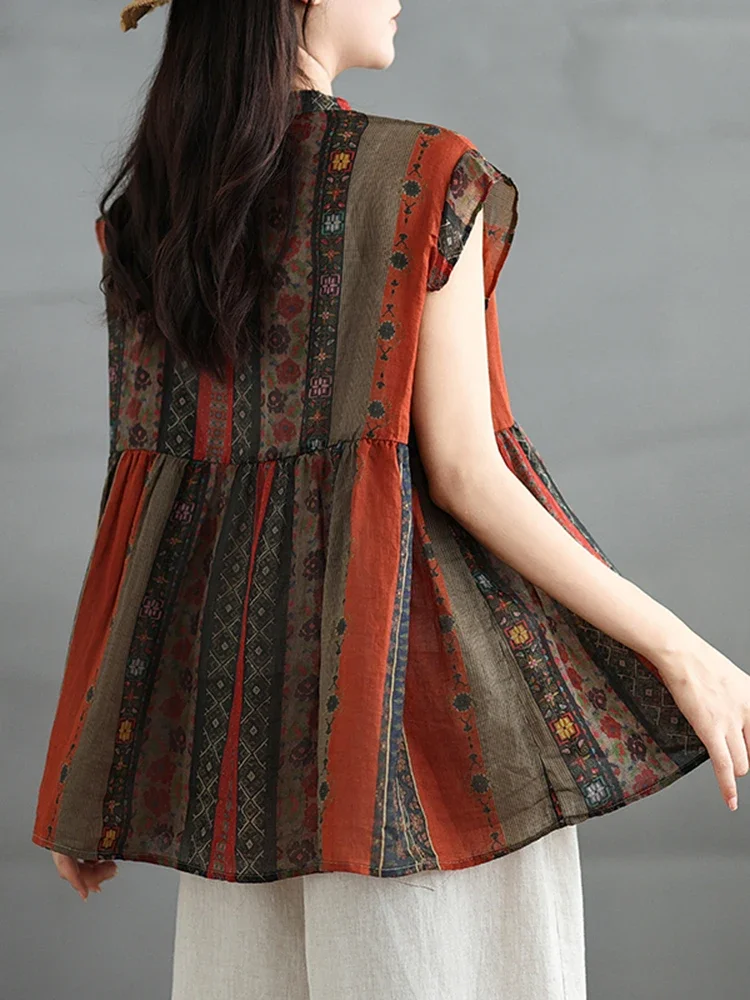 2025 Summer New Sleeveless Shirt for Women's Literature Retro Unique Casual Ramie Printed Splicing Sleeveless Lace Thin Top C66 - Image 6