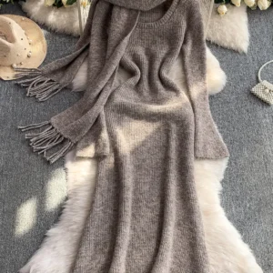 Women Winter/autumn Knitting Dress with Scarf Slim-fitting Elegant Flared-sleeve Soft Wool Tube Sexy Vestidos Female DS206