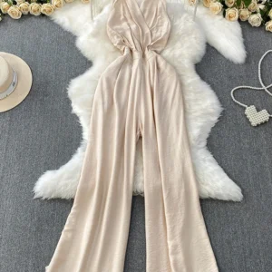 Summer Women's Sexy Backless Hanging Neck Jumpsuit New Fashionable Beach Vacation Waist Cinched Wide Leg Pants L62