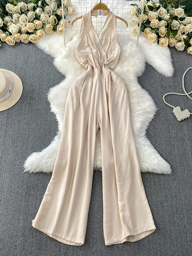 Summer Women's Sexy Backless Hanging Neck Jumpsuit New Fashionable Beach Vacation Waist Cinched Wide Leg Pants L62