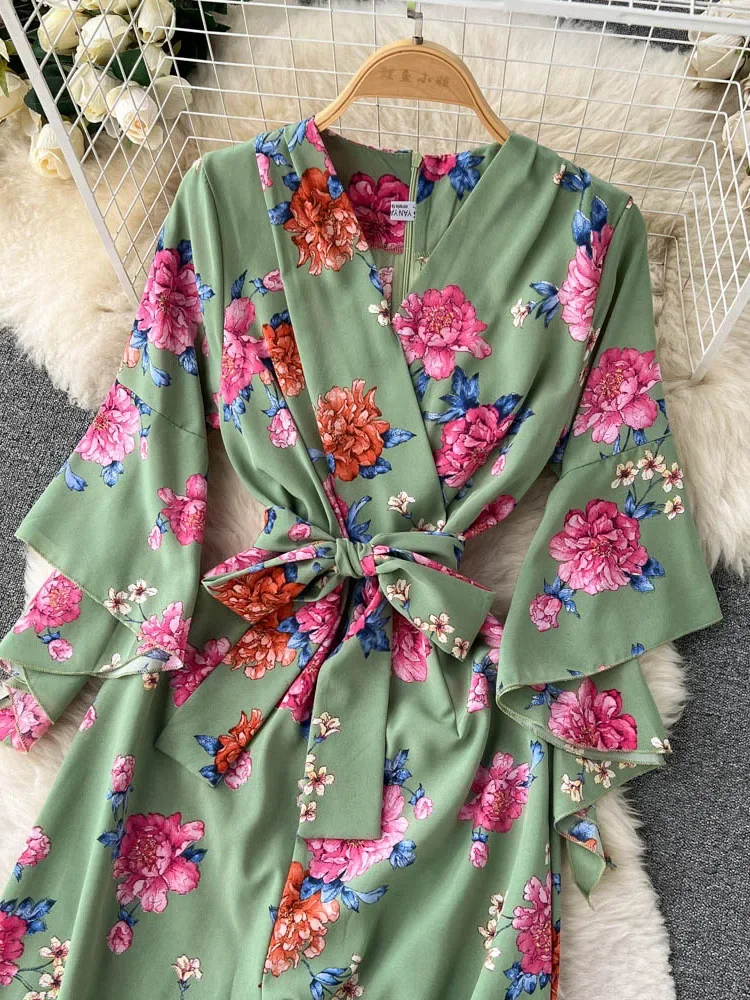 Summer Ladies Temperament V-neck Floral Bell-sleeved Jumpsuit New Lace-up Waist Female Slim Loose Wide-leg Trousers Women D1258 - Image 6